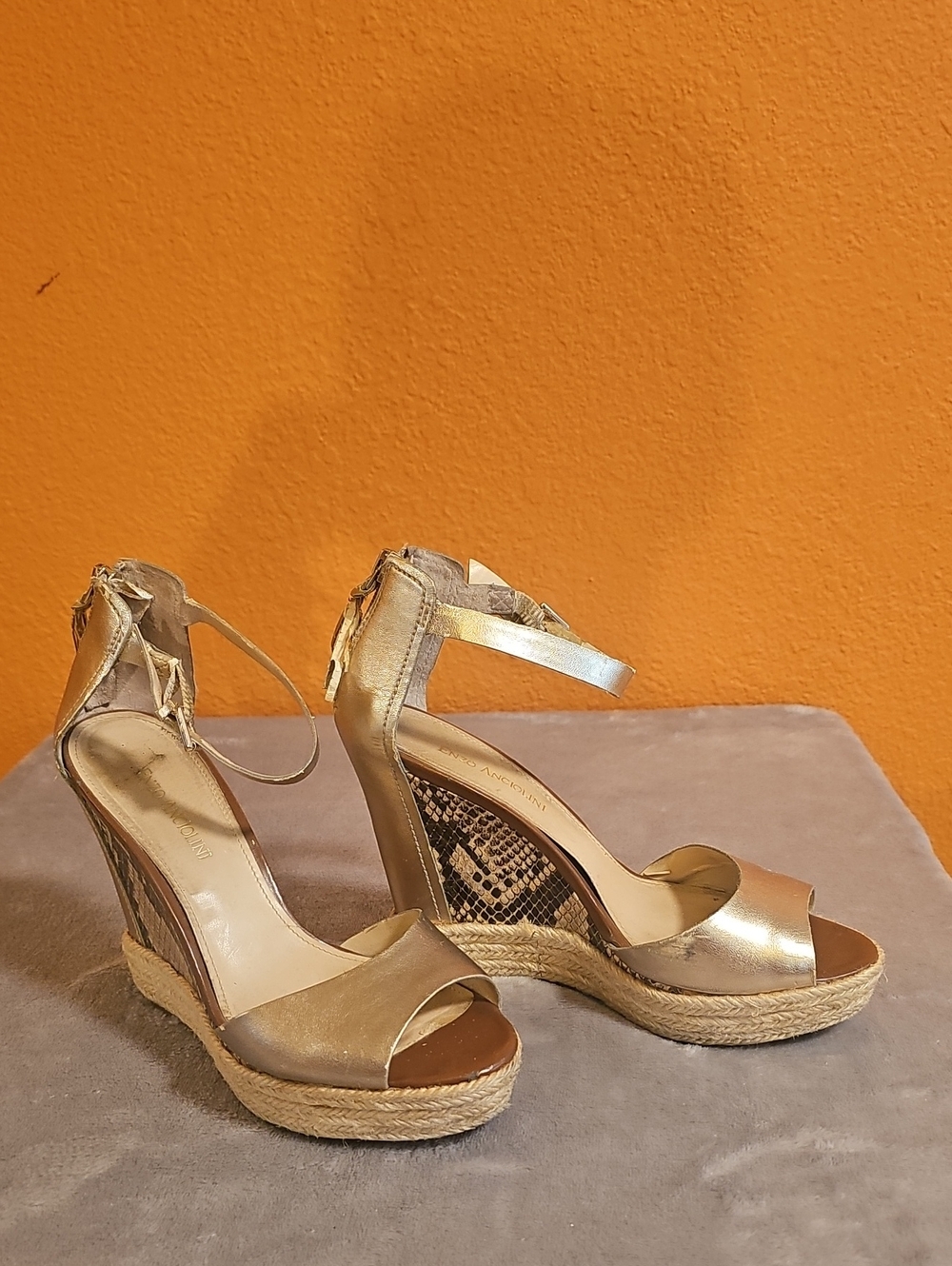 Enzo Angliolini. Gold Wedge Espadrille Sandals,Snakeskin Detail with Ankle Strap
